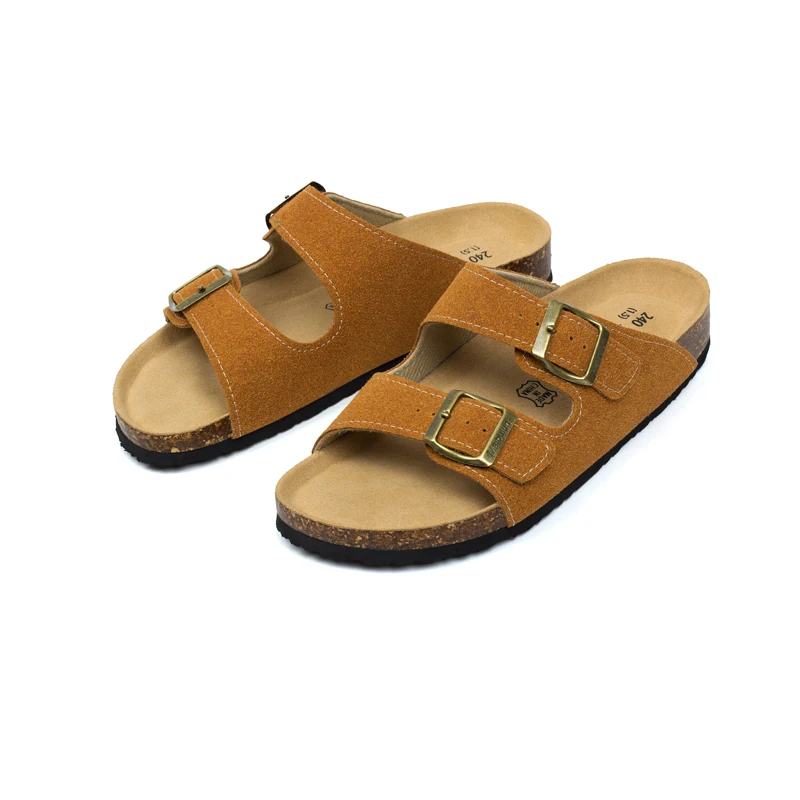 2022 New Summer Men\'s Cork Slippers Suede Leather Mule Clogs Slippers Man Soft Cork Two Buckle Beach Slides Footwear for Men 45