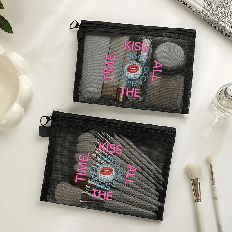 Kiss All The Time Pattern Mesh Clear Cosmetic Bags Women Black Makeup Bag Portable Travel Toiletry Org