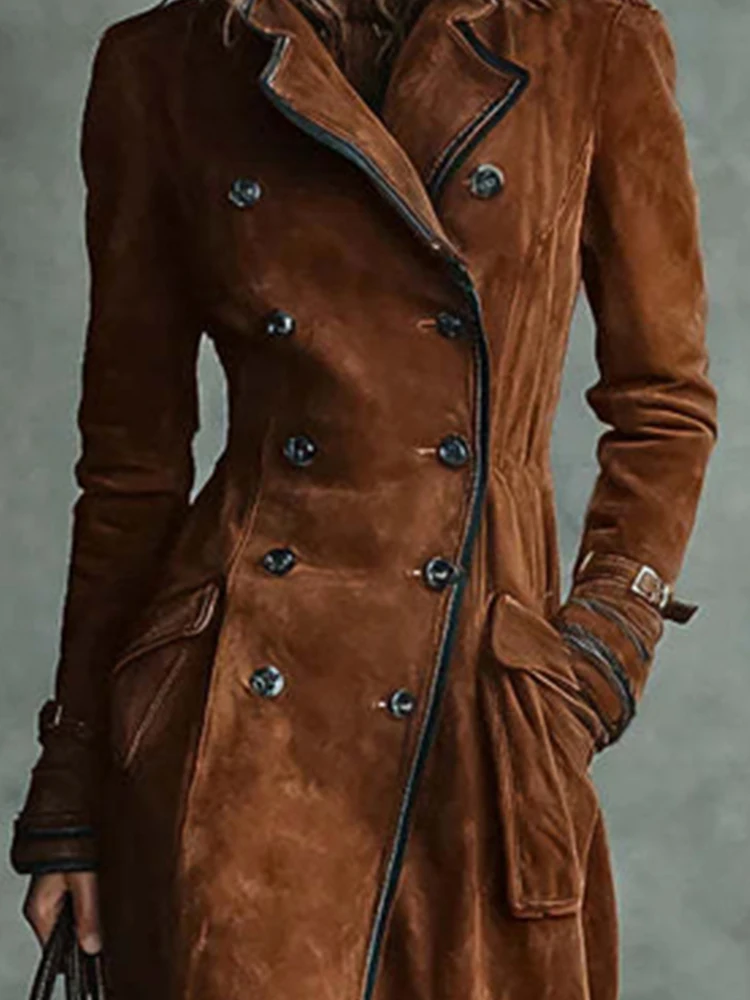 

Elegant Lapel Collar Buttons Long Windbreaker Fashion Hight Waist Pocket Solid Velvet Jackets Lady Casual Long Sleeve Suede Coat
