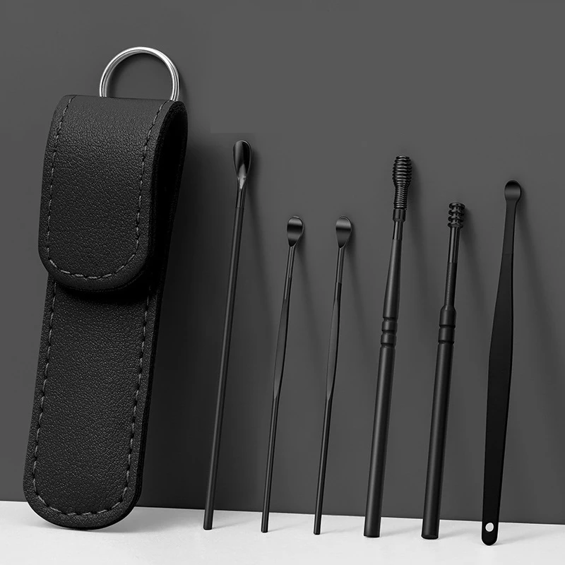 Ear Digging Spoon 6Pcs/set Ear-Picking Tool Stainless Steel Ear Clean Spoon Leather Bag Ear-Cleaning Spoon Easy To Carry At Home