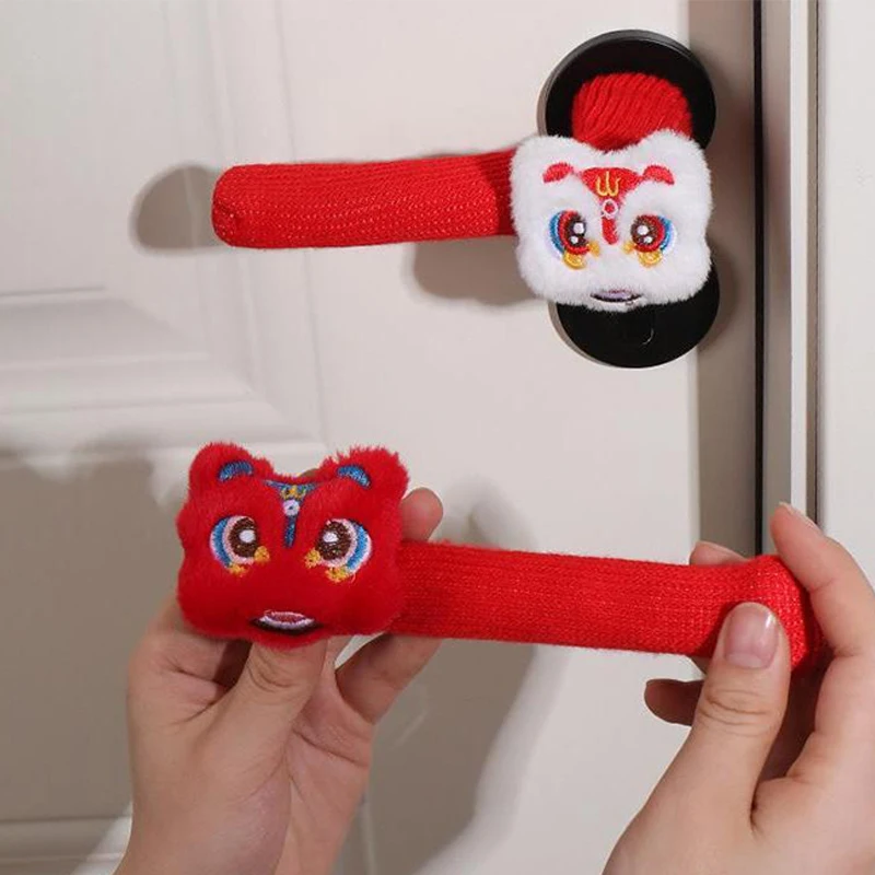 1/2Pcs Cute Cartoon Door Handle Cover New Year Lion Dance Door Handle Protective Door Handle Cover Anti-Collision Door Decor