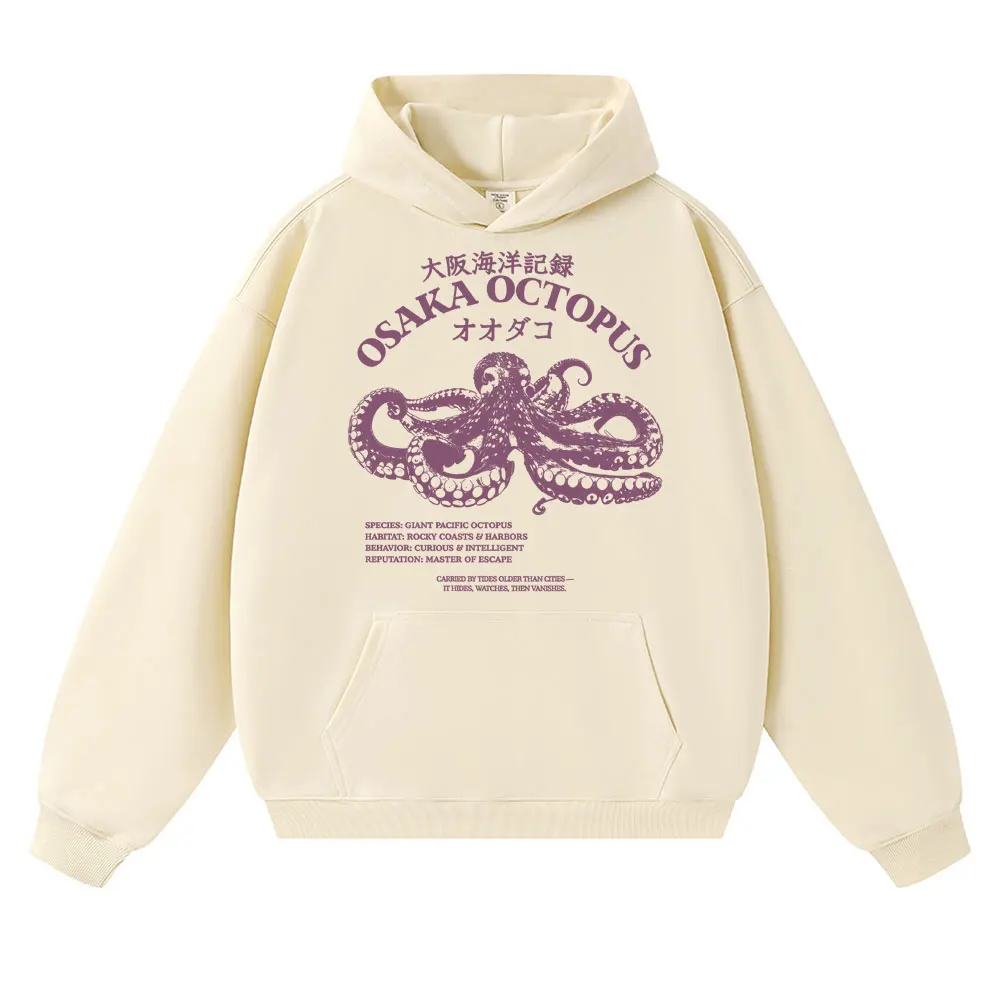 Japanese Style Osaka Octopus Hoodies Unisex Fashion Retro Marine Life Field Guide Long Sleeve Ocean Lover Loose Fleece Tracksuit