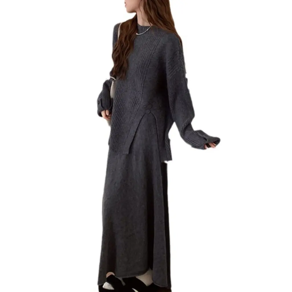 

Women's Irregular Design Knitted Sweater And Skirt Two-Piece Set round Neck Pullover Autumn Winter Outfit with Slit
