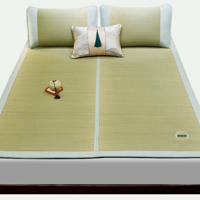 Foldable Straw Summer Mat, Breathable Cooling Bed Sheet for Home, Thickened 3-Piece Mattress Cover for Comfortable Sleep