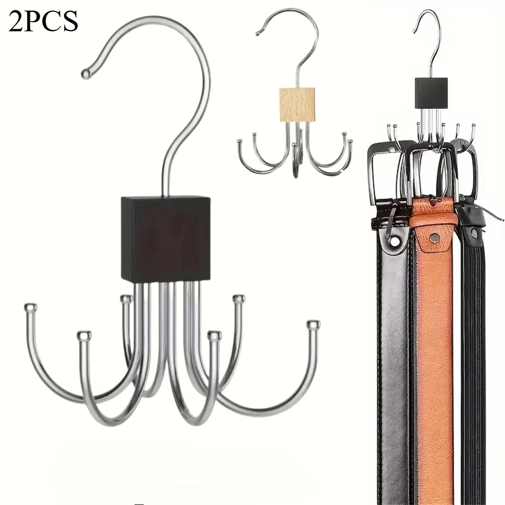 2Pcs Solid Wood Multifunctional Hook Wardrobe Hanging Bag Belt Sling Storage Hanger Rotatable 6-hook Underwear Hanger