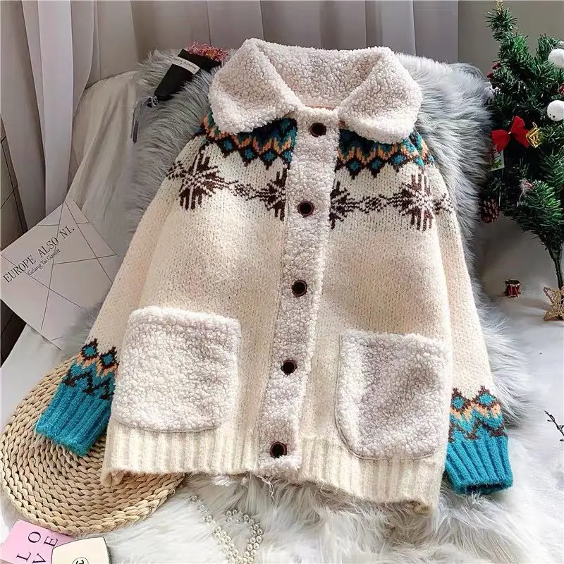 Christmas Knitted Sweater Female 2024 New Year Embroidery Sweater Large Thickened Warm Knitted Long Sleeved Cardigan Sweater