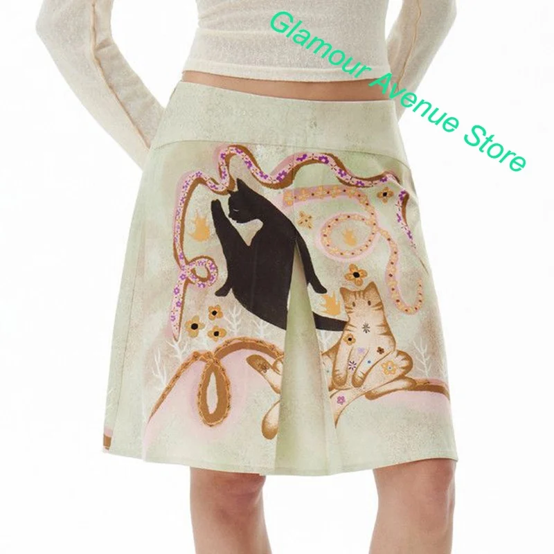 Korean-style Cute Kitten cartoon Pattern Tooling Folding Printed High Waist A-shaped Skirt Women's Summer Fashion Casual Skirt