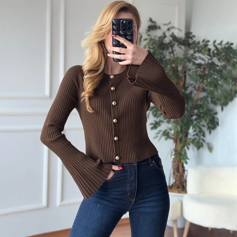 

Typhaland Flare Sleeve Knitted Cardigan For Women Rib Buttons Casual Sweater O neck Slim Fashion 2026 Sping Female Knit Outwear