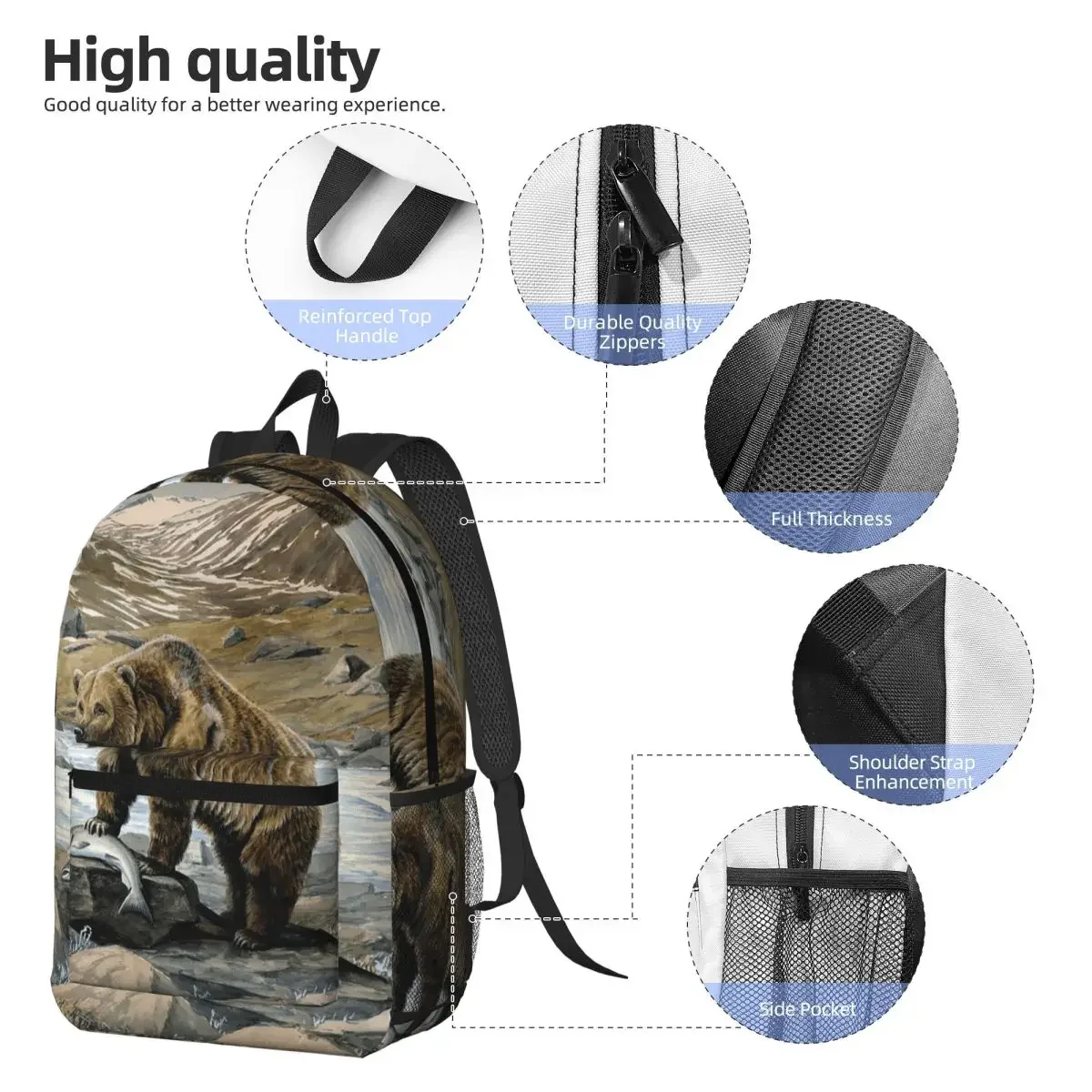Grizzly Bear Nature Eating Fish In A Stream Backpack Daypack Large Capacity Children BookBag School Bag Shoulder Bags for Unisex