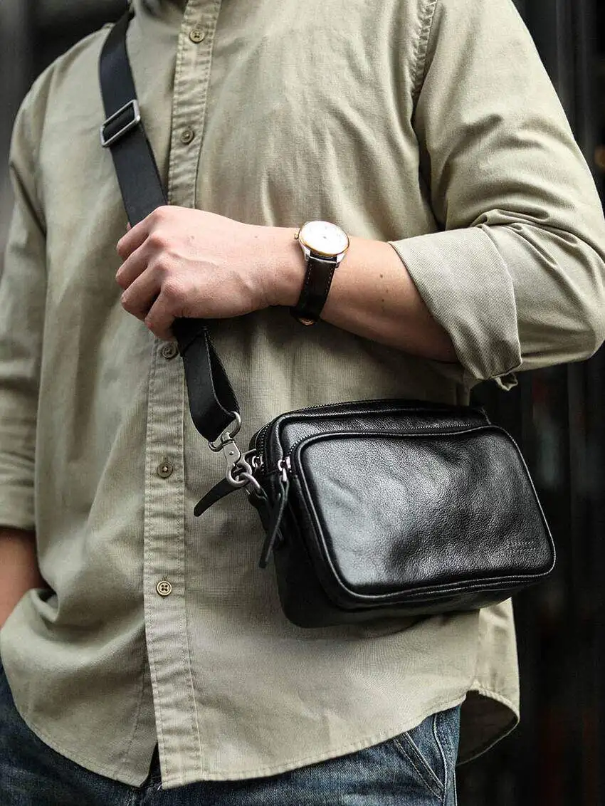 

Fashion casual designers handmade genuine leather men's shoulder bag daily travel luxury soft cow leather black crossbody bag