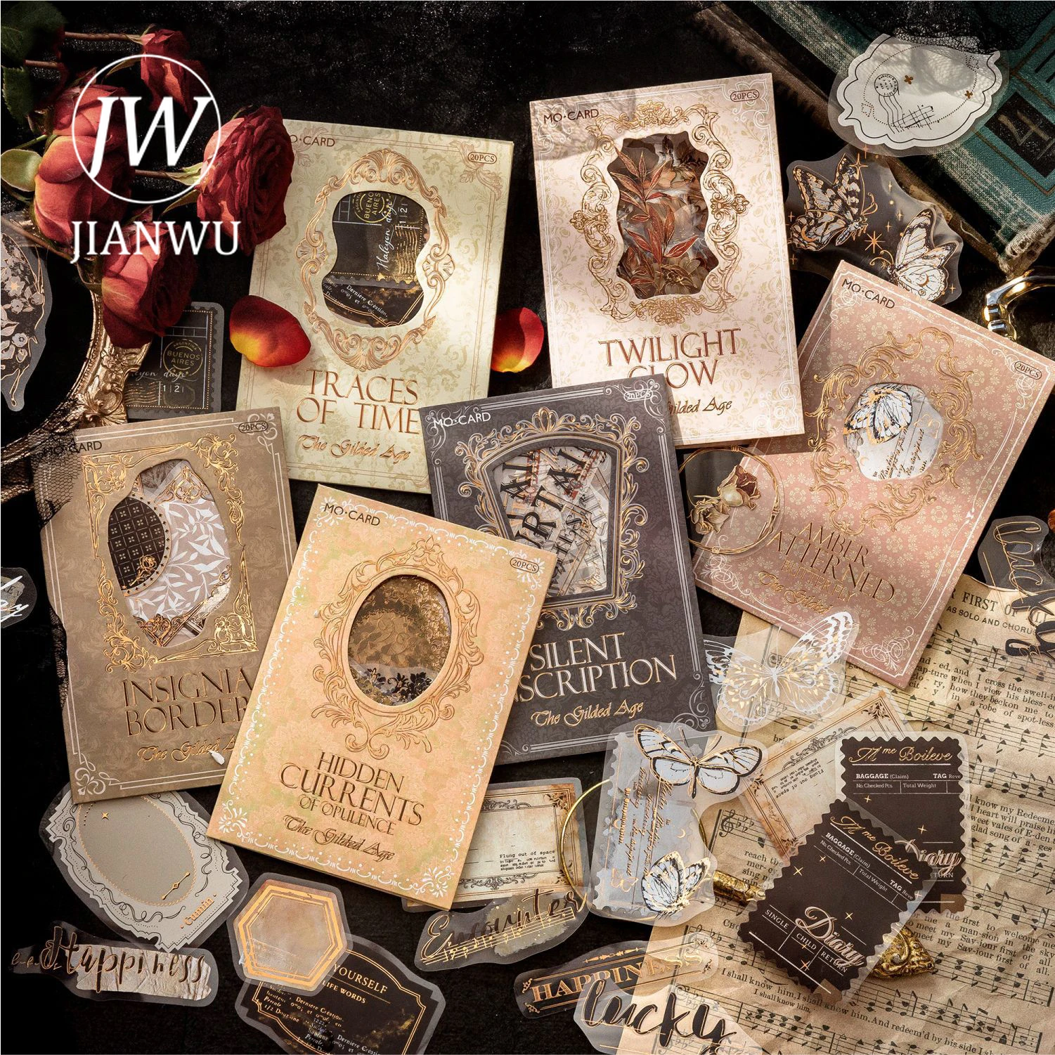 JIANWU Golden Age Series Vintage Baroque Flower Label Landscape Material Collage PET Sticker Creative DIY Journal Stationery
