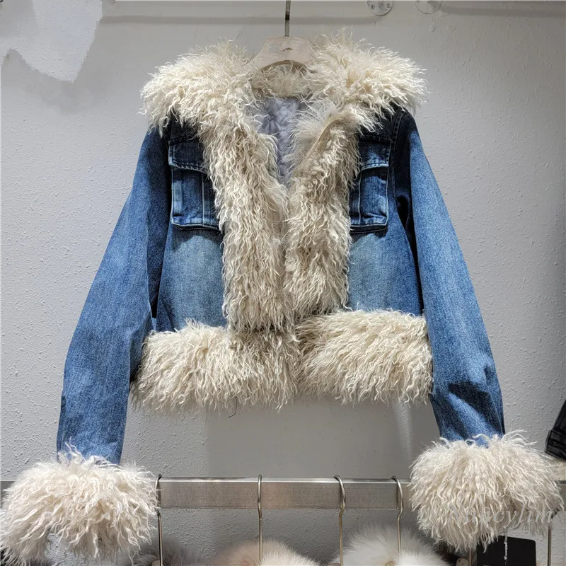 2024 Winter Warm Denim Parka Women's New Thickened Environmentally Friendly Fur Collar Jacket Retro Short Cotton-padded Coat