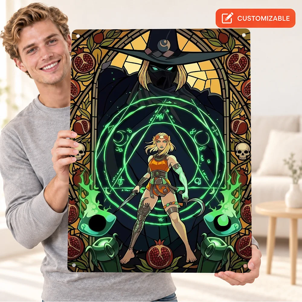 Witch And Sorcerer Aluminum Poster Customized Metal Sign Stained Glass Illustration Wall Art For Living Room Fantasy Lover Gift