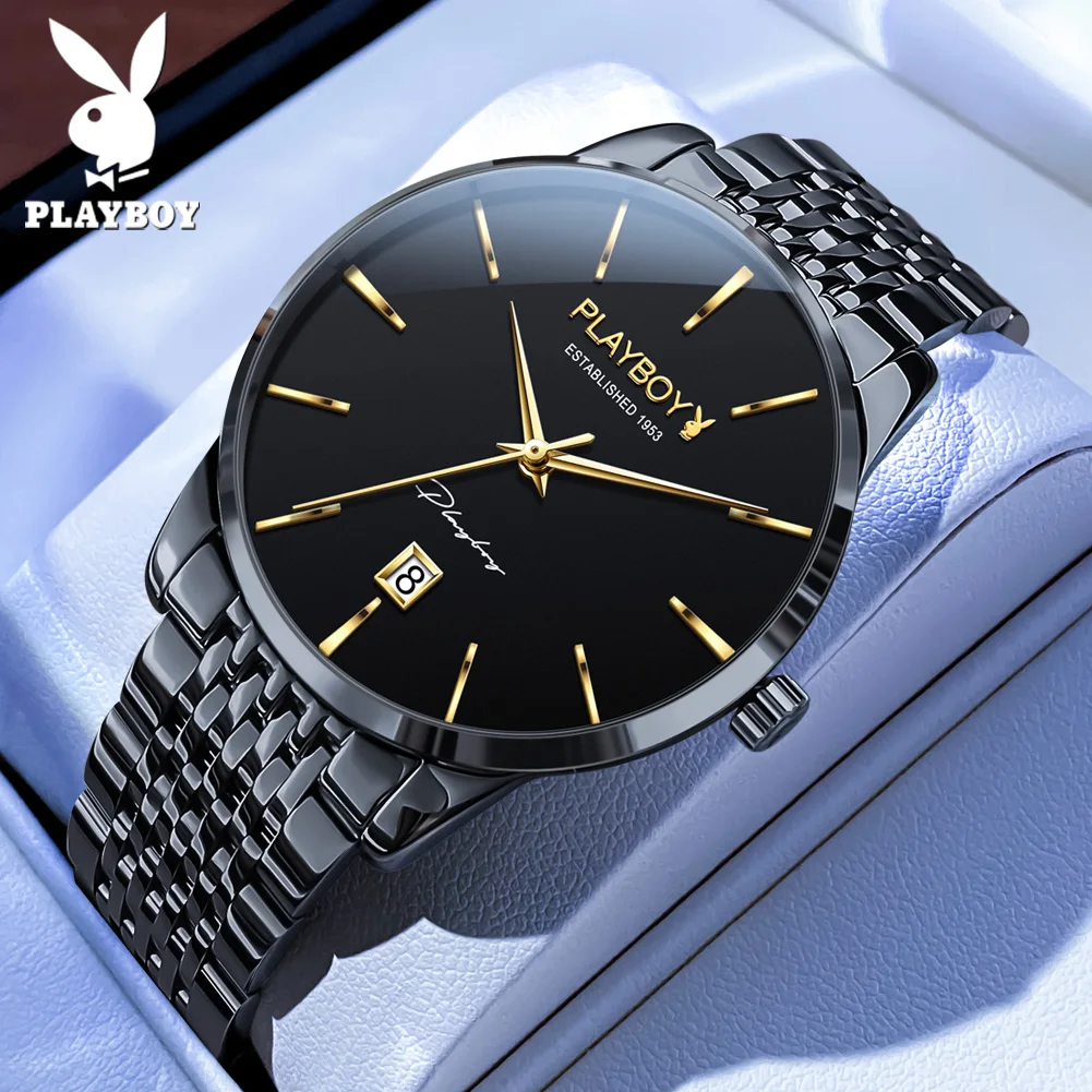 PLAYBOY 2604 Mechanical Movement Business Watch Simple Dial 30m Waterproof Calendar Window Classic Style Watch For Men