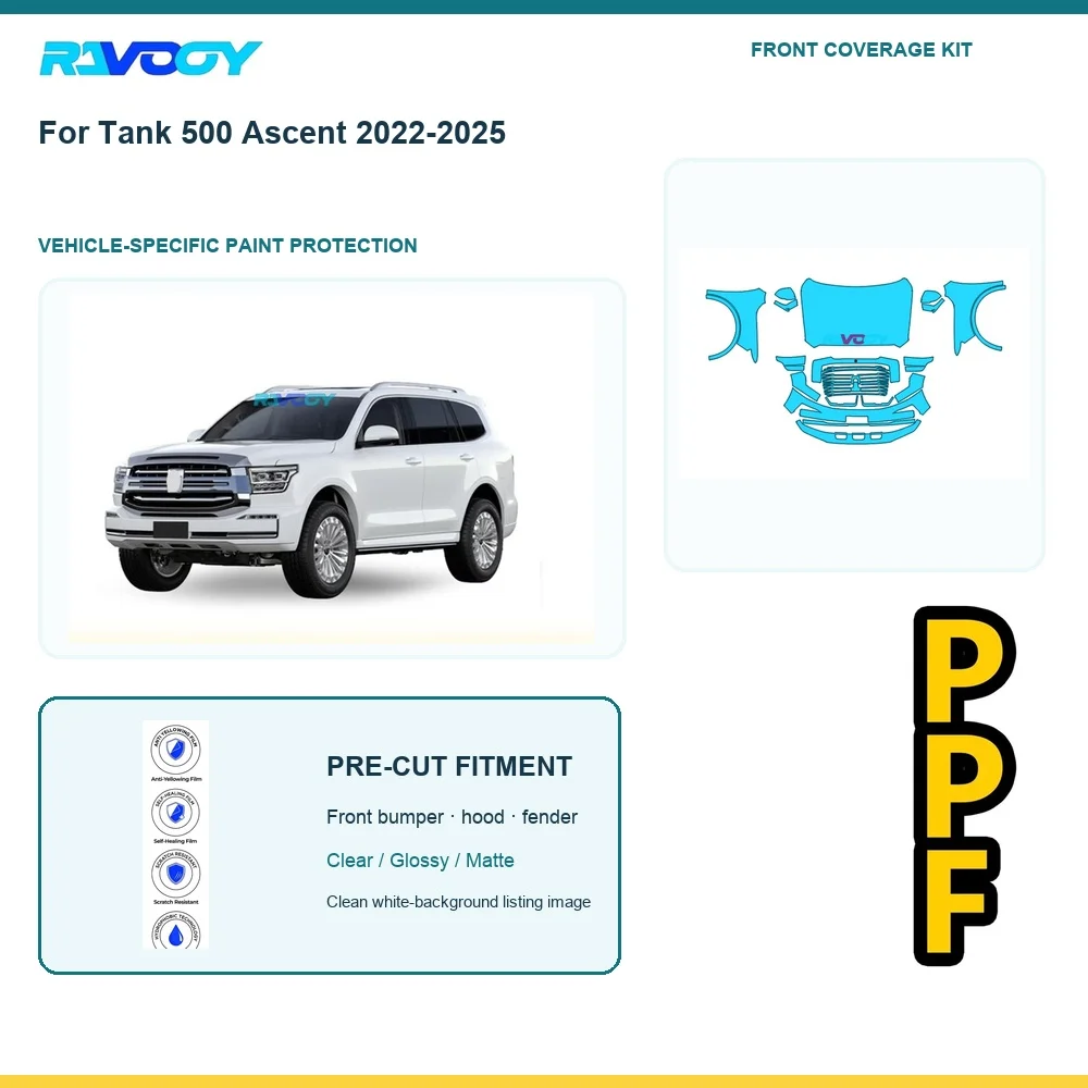 For Tank 500 Ascent 2022-2025 Front End Clear Bra PPF Kit Vehicle Fitment Clear Paint Protection Film Glossy Matte Black
