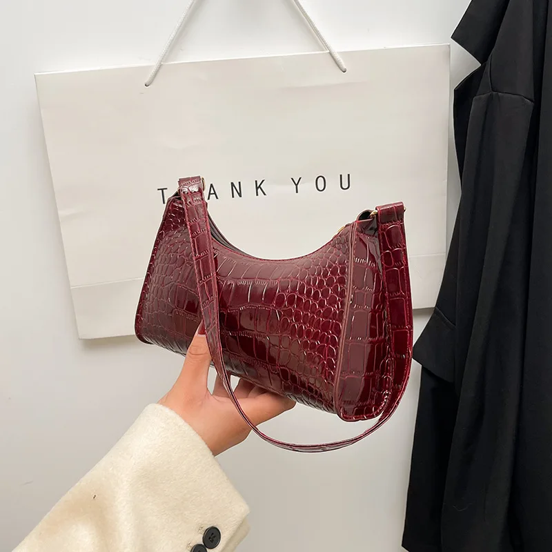 

Vintage Trendy Ladies Underarm Shoulder Bag Solid Crocodile PU Leather Handbag Women Fashion Brand Simple Female Chain Purse