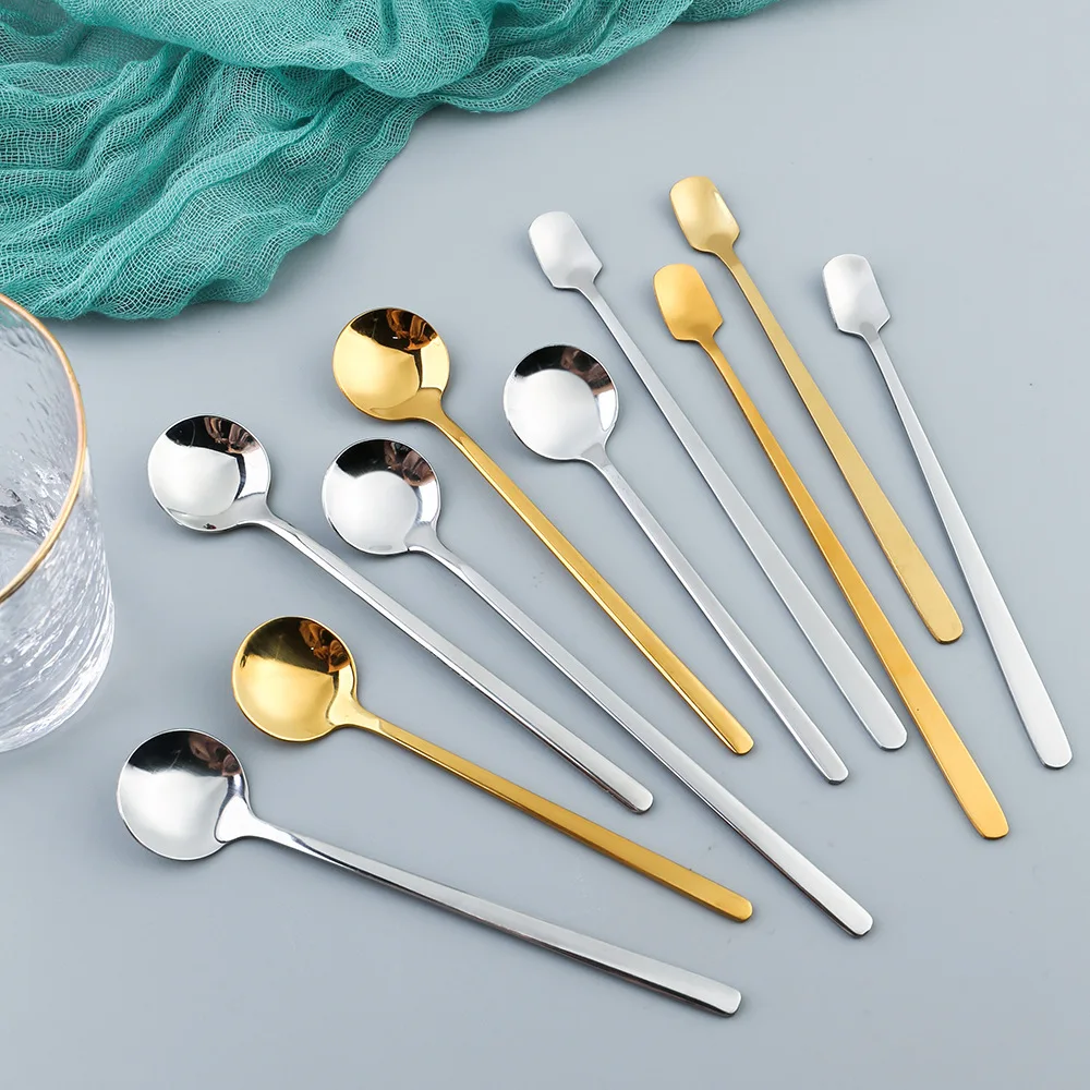 Creative Sand Ice Spoon Stainless Steel Solid Color Tableware Milk Tea Long Handle Mixing Spoon Ice Cream Dessert Round Spoon