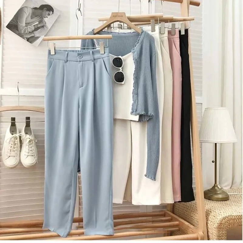 Elastic High Waist Pants for Women Casual Loose Straight Black Trouser Female Nine Points Suit Pant Streetwear Spring Fashion