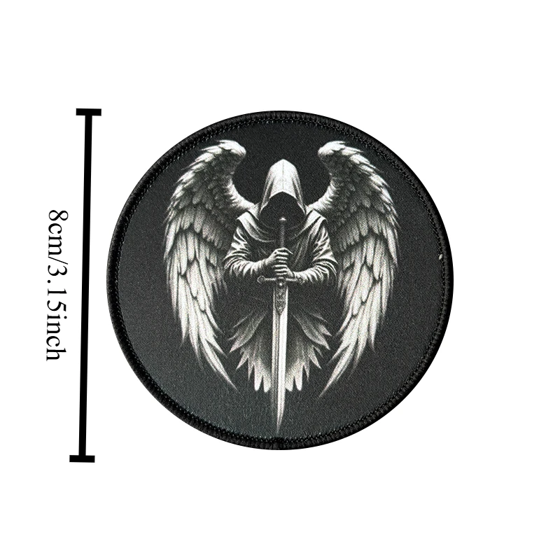 Black Round Angel Sword Patch Durable Printed Hook and Loop Badge for Jacket Backpack Clothing Appliques