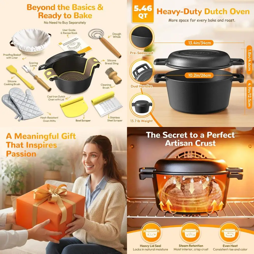 

Набор для приготовления хлеба на закваске: чугунная голландская печь объемом 5,46 кварты с аксессуарами для выпечки хлеба, жарки и тушения