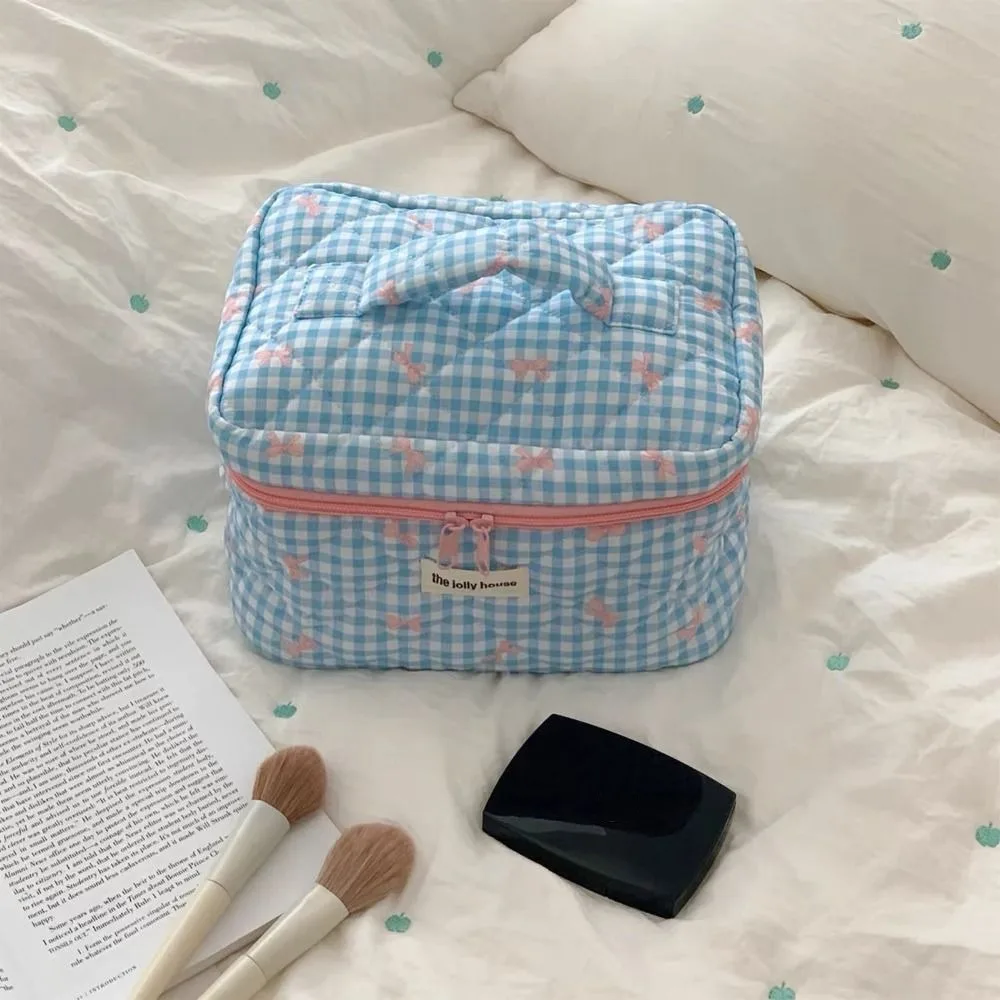 Large Capacity Lattice Cosmetic Bag Korean Style with Zipper Cute Storage Bag Bow Pattern Colorful Portable Makeup Bag Women