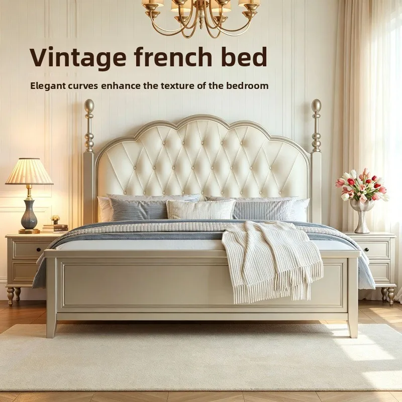 retro carved conical bed foot soft bag bed three-dimensional pull point curved bedside three-proof technology leather floor bed