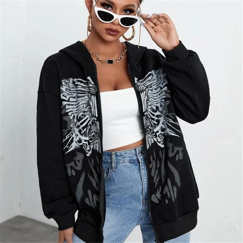 Autumn And Winter New Woman Simple Wing Print Y2k Harajuku Fashion Jacket Zipper Hoody Hip Hop Sweater Gothic Retro Punk Coats