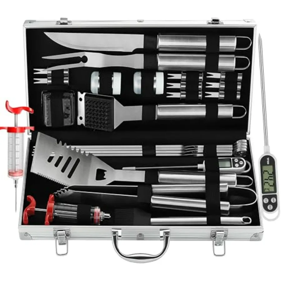 

24PCS BBQ Grill Tools Set with Meat Thermometer and Injector - Extra Thick Stainless Steel Fork, Spatulaand Tongs - Complete BB