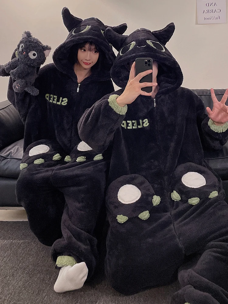 DAIMELU Korallenvlies-Flanell-Pyjama-Set für Damen, Winter-Nachtwäsche, einteiliger Anzug, Fleece, verdickt, warm, weiblicher Loungewear-Anzug