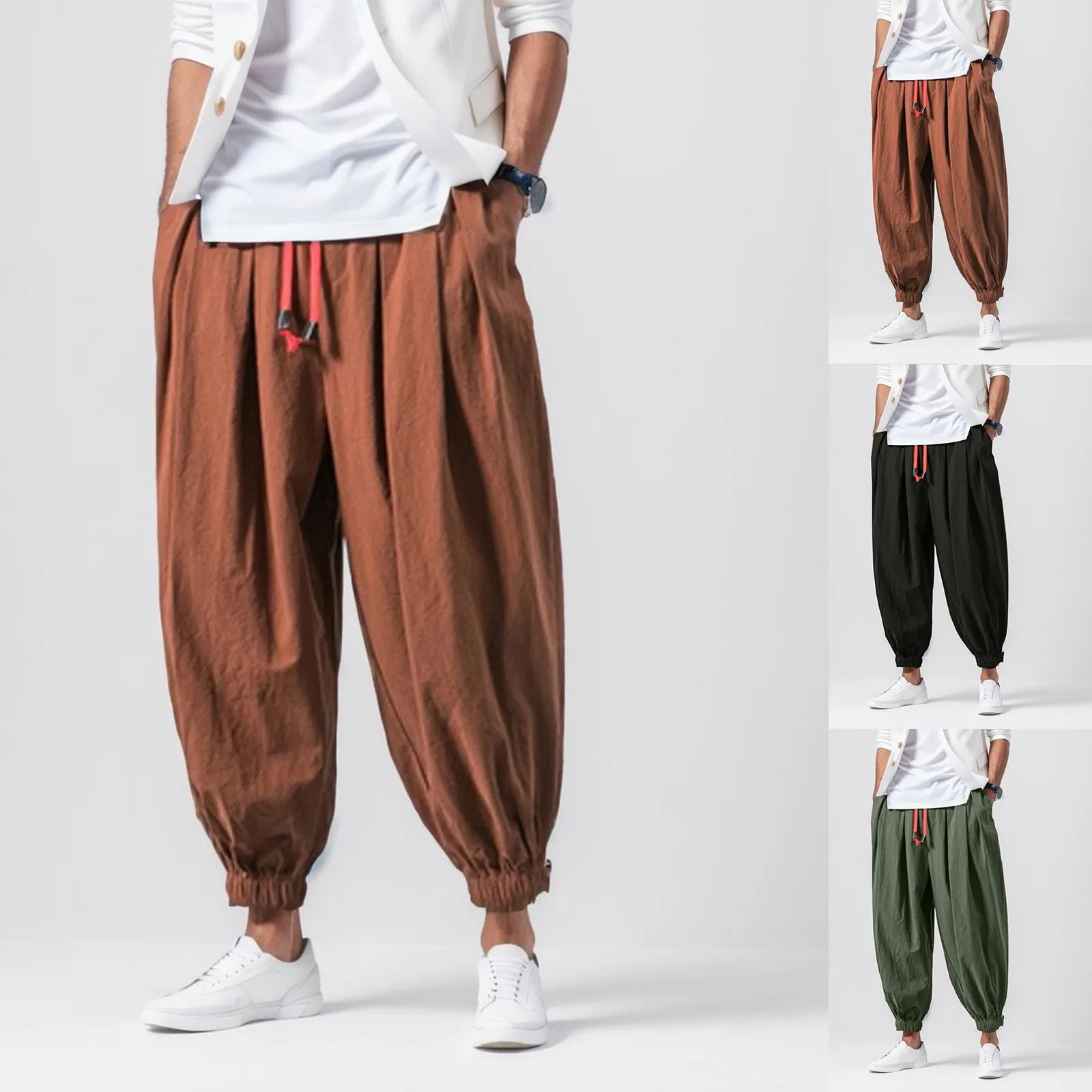 Men'S Solid Color Harlan Pants With Drawstring Pocket Loose Ankle Corset Pants Men'S Simple Casual All Match Long Pants