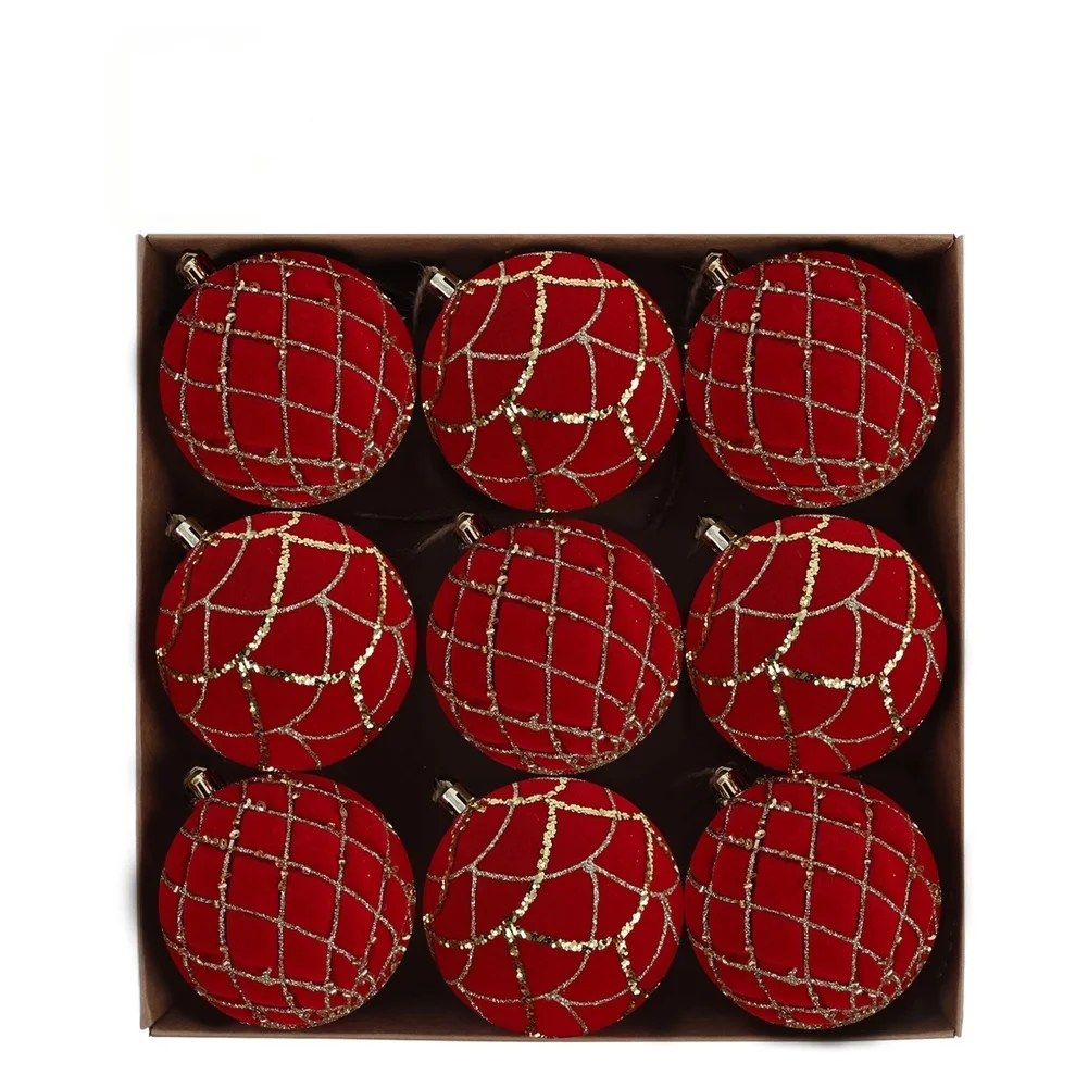 9pcs 8cm Wine For Red Flocked Christmas Ball Set Gold Glitter Ornaments For Velvet Texture Polystyrene Hanging Decorations For
