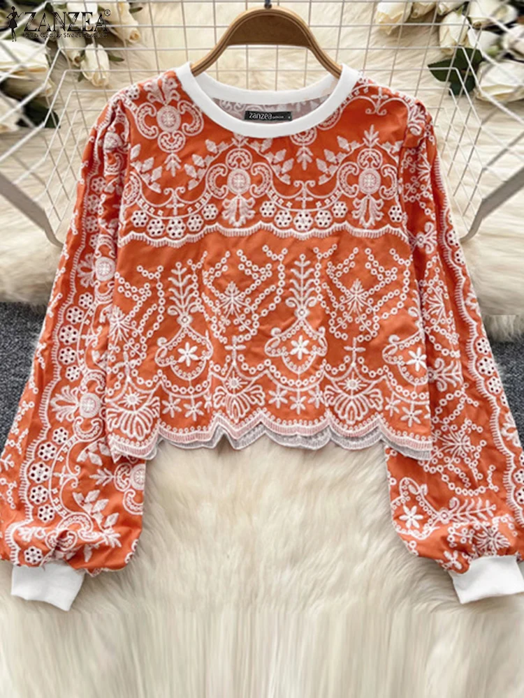 

ZANZEA женская рубашка с длинными пышными рукавами, винтажная блузка с цветочным принтом, осень 2022, топы с неровным подолом, повседневные туники с круглым вырезом и цветными блоками