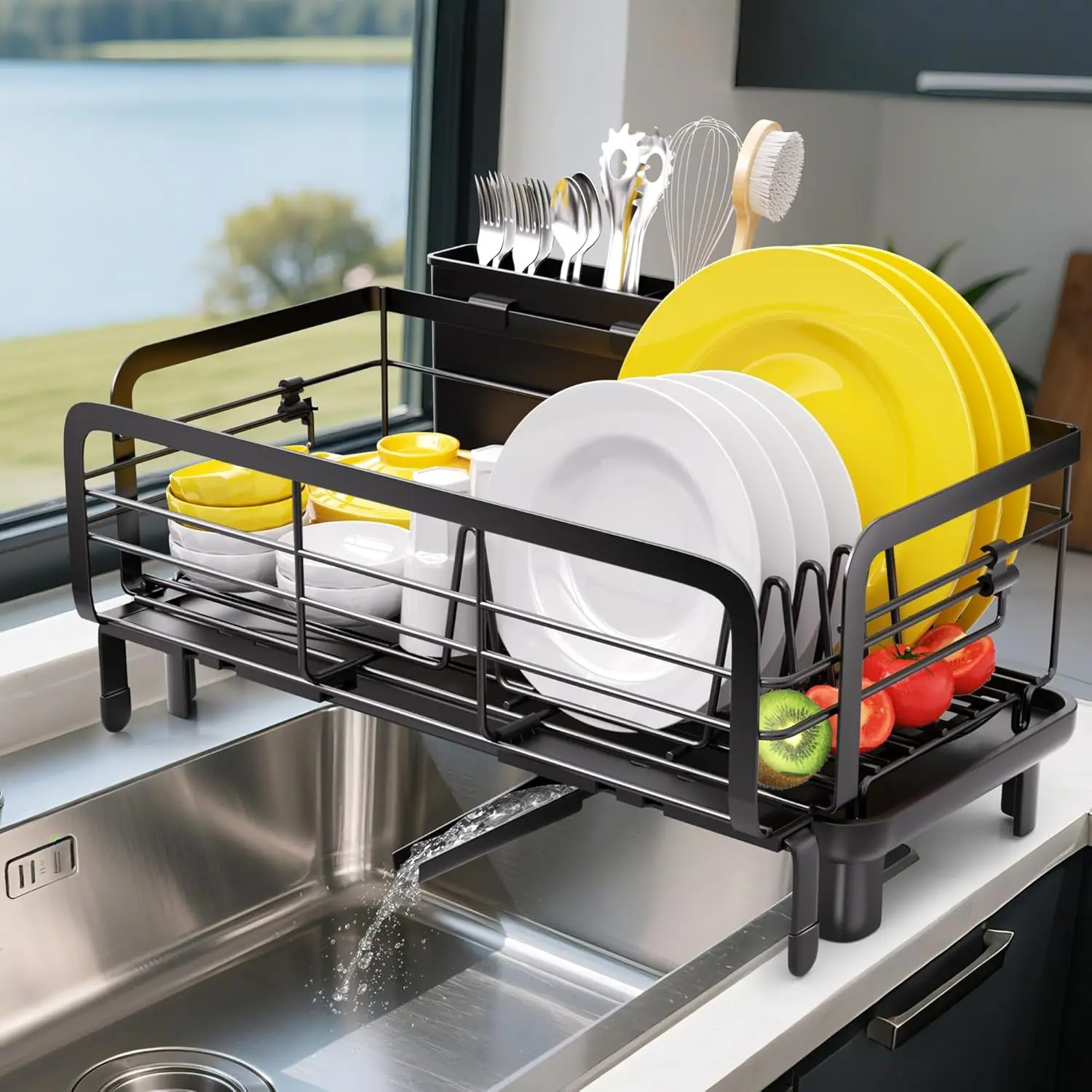 

Dish Drying Rack for Kitchen Counter - Extendable Dishes Racks Stainless Steel Large Sink Utensil Strainer Kitchen with