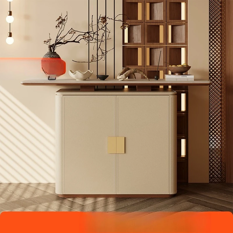 

Italian-style rock slab mystery cabinet, integrated light luxury shoe cabinet opposite the door, solid wood villa cabinet