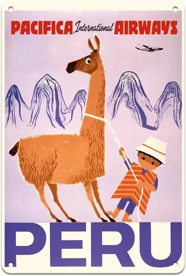 Peru - Pacifica International Airways - Native Boy with Llama - Vintage Airline Travel Poster c.1950s - 8 x 12 inch Vintage Meta