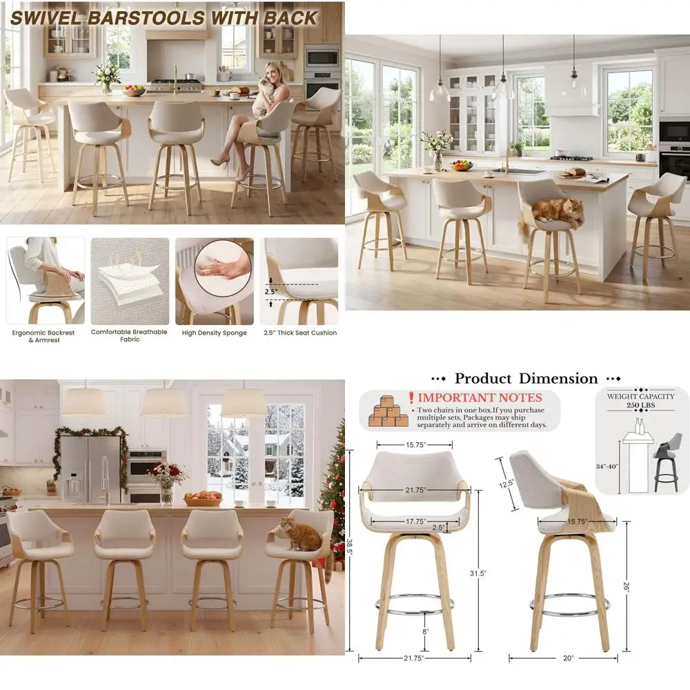 26'' Moderne Drehbare Barhocker in Thekenhöhe mit Rückenlehne, 2er-Set, Beige Chenille Gepolsterte Barhocker