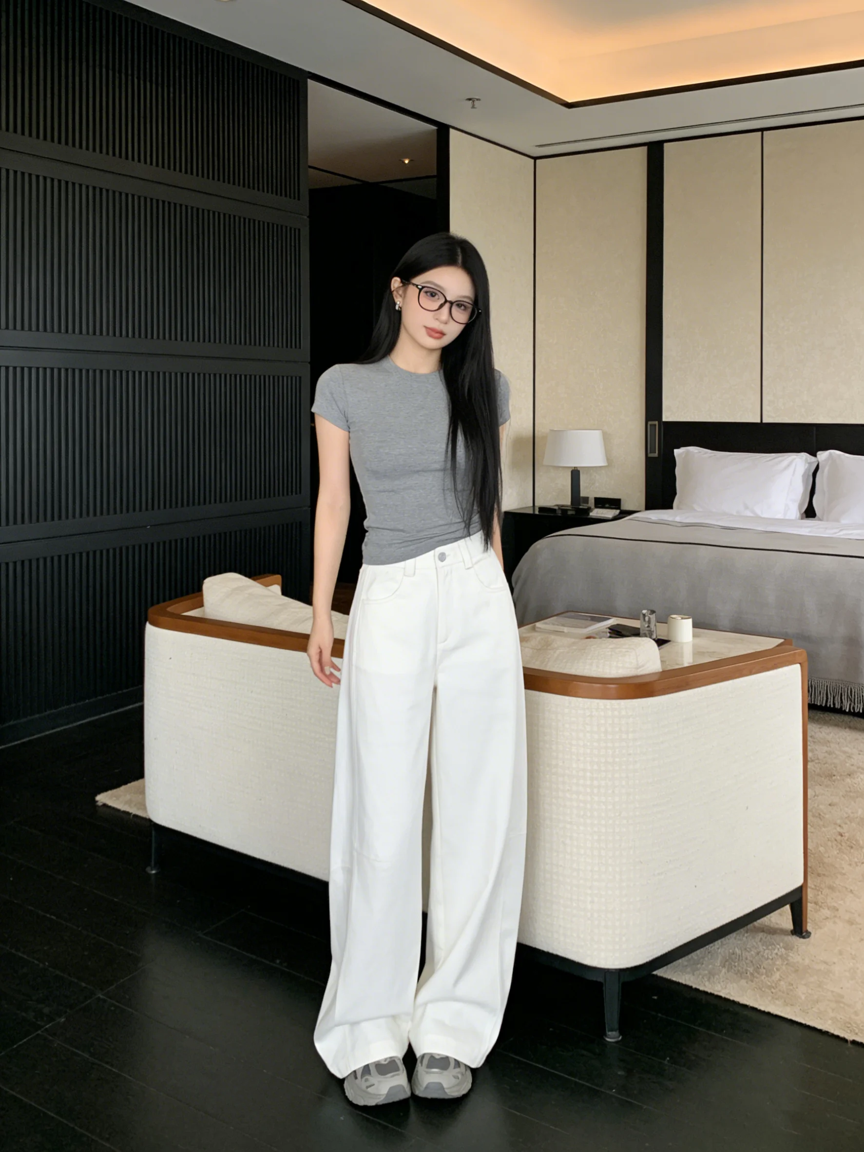 

Early Spring New Korean Sle Wide Leg Pants Draped Floor-Length Lazy High Waist Slim Straight Casual Commute Versatile Jeans