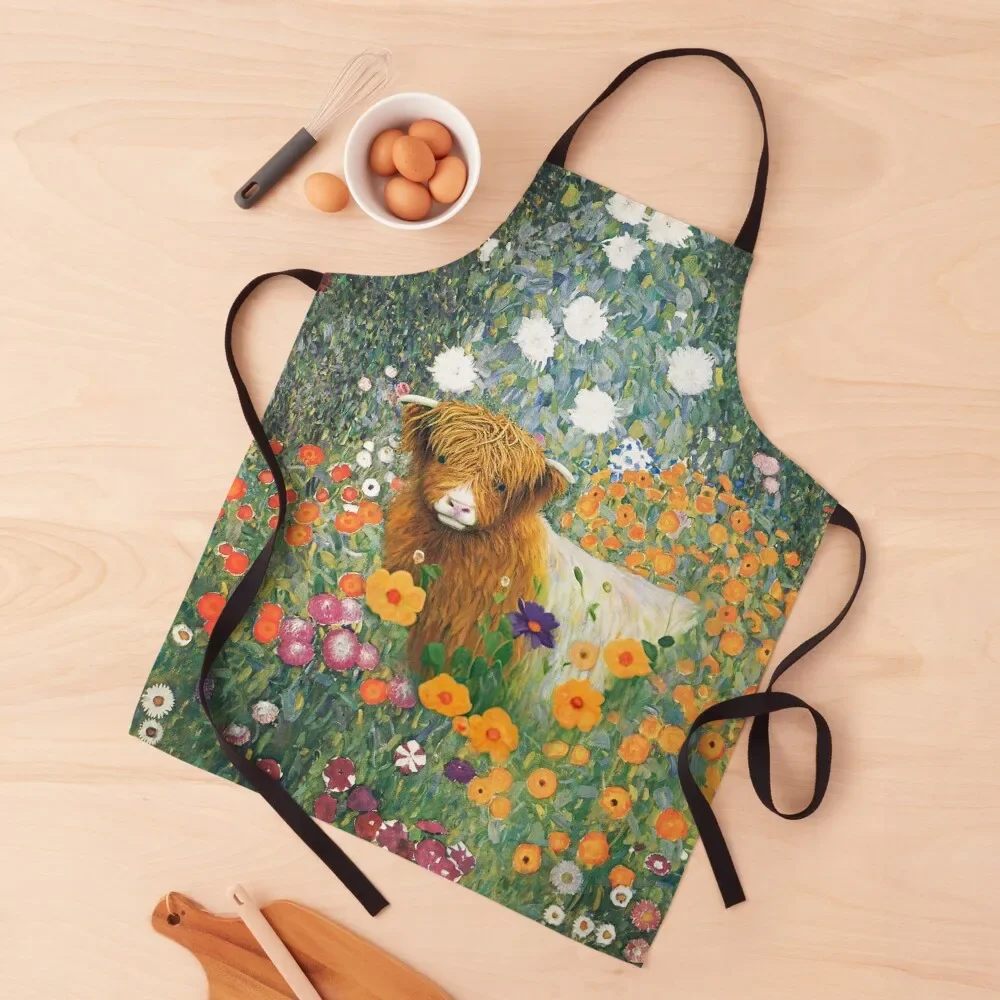 Scottish Highland Cow in Klimt Flowers Apron Ladies Barista Cute Kitchen Accessories Apron