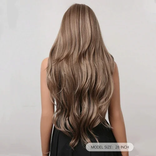 Imagen 2 del producto Peluca rizada larga de 28 pulgadas con flequillo, pelucas de pelo marrón ombré para mujeres, pelucas sintéticas rubias destacadas para fiesta diaria, resistentes al calor