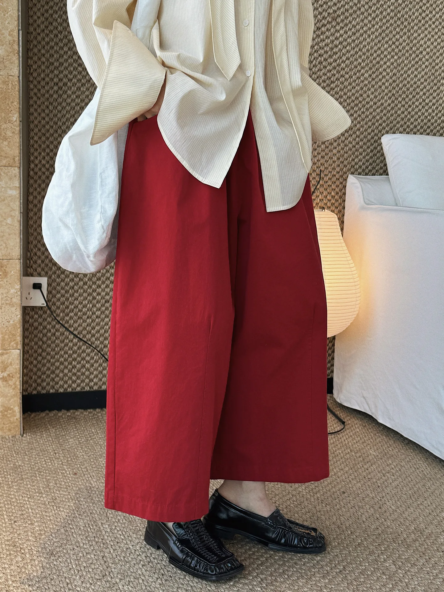 Spring new Japanese style simple and fashionable large pocket wide leg casual pants loose silhouette pants for women