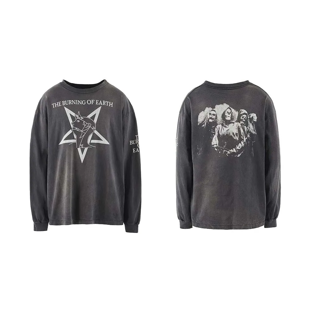 Long Sleeve T-Shirt Retro American Print Youth Fashion Standard Fit round Neck Cartoon Anime Autumn Season Casual Wear