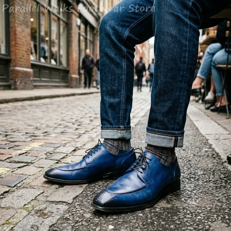 Mens Blue Leather Derby Shoes Lace Up Pointed Toe Split Toe Formal Business Wedding Dress Shoes Vintage Classic Oxford Footwears