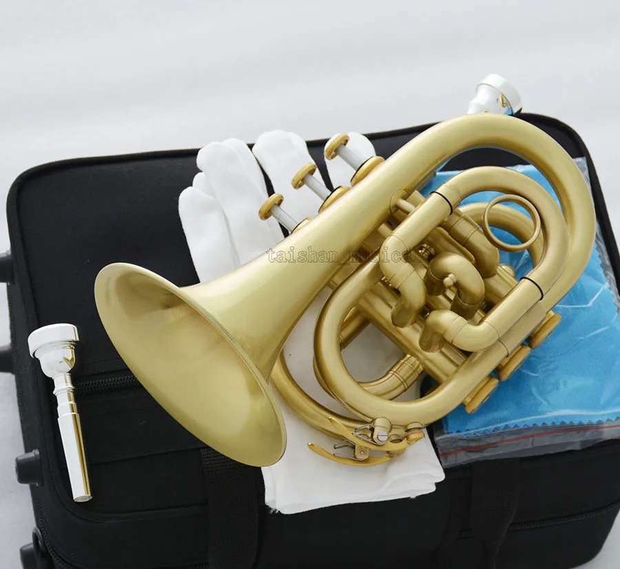 

Matt Brass Bb Pocket trumpet horn Large Bell Abalone Key 2 Mouthpiece With Case