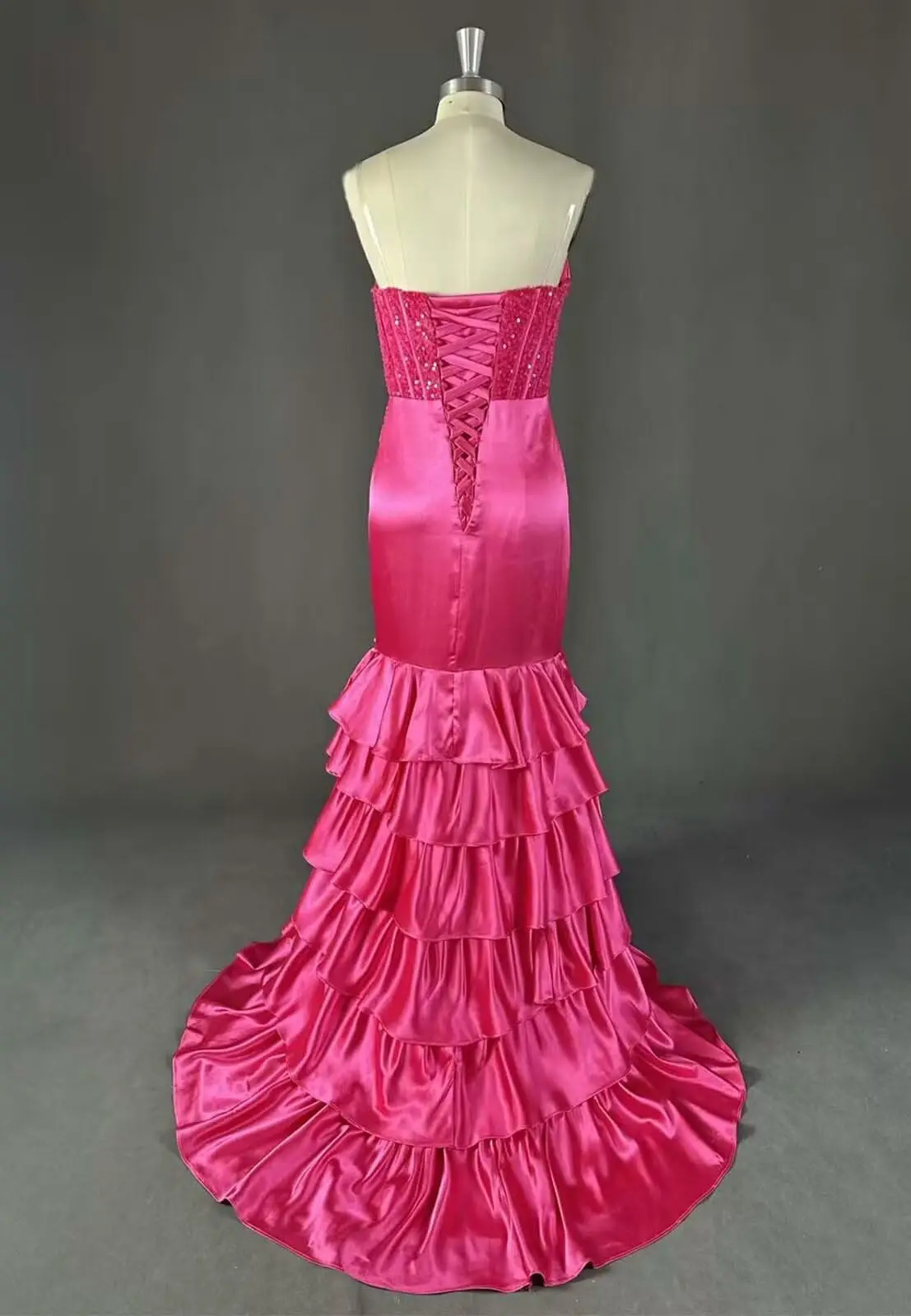 Suknia wieczorowa syrena z satyny, długa, bez ramiączek, warstwowa, z falbanami, formalna, z rozcięciem, marszczona, z gorsetem, sukienka na przyjęcie.