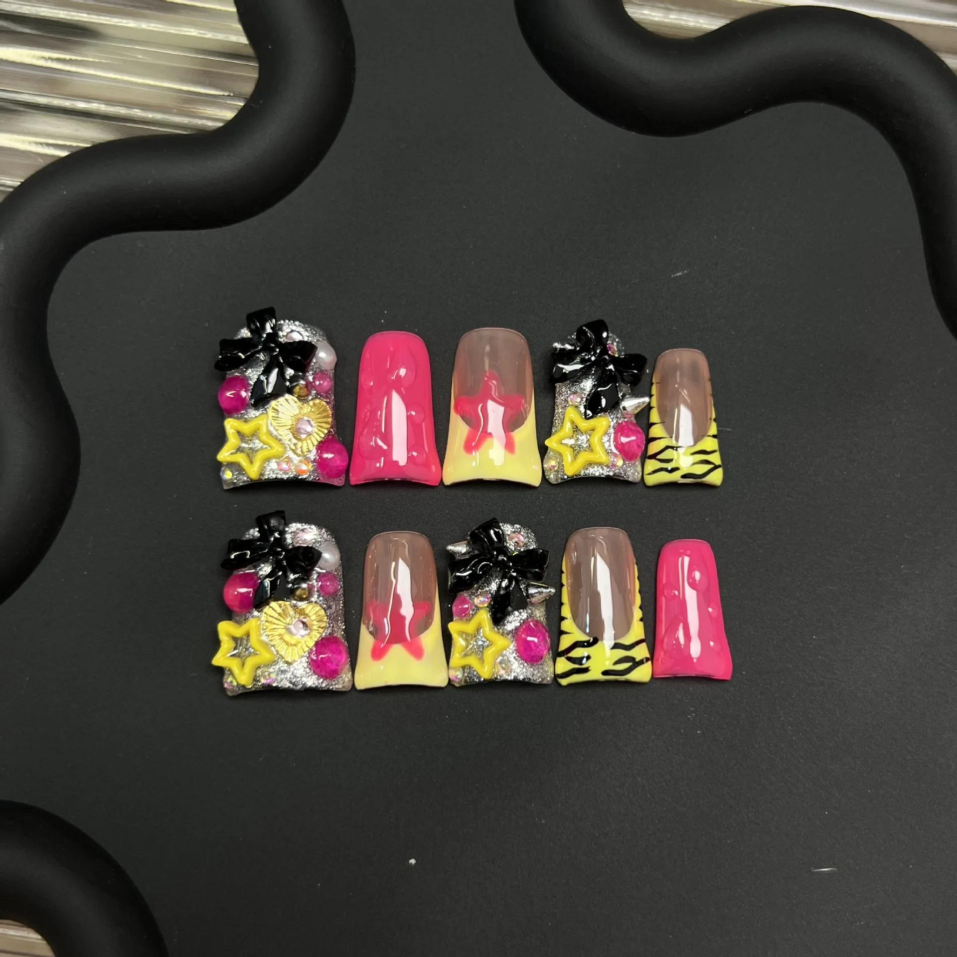 10 قطعة الصحافة اليدوية منقار البط على الأظافر مع ثعبان على شكل نجمة الماس تصميم الأظافر وهمية الأوروبية حار فتاة الأظافر كاذبة #4