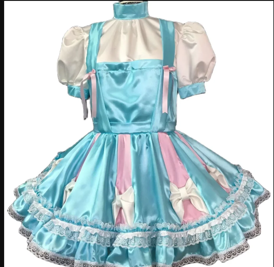 

Adult Sissy Blue Bow High Neck LACE CAKE Skirt For Girls Multi Colored Spliced big Bow Dress