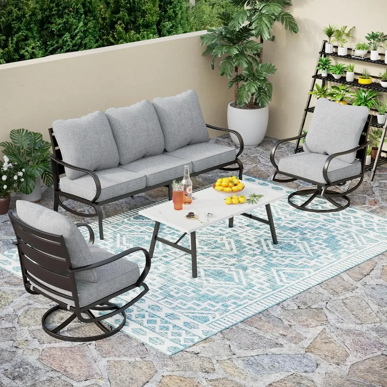 Patio Furniture Sets with 3-Seat Deep Seating Bench,Cushioned Swivel Sofa Chairs & Coffee Table, Outdoor Metal Conversation Set