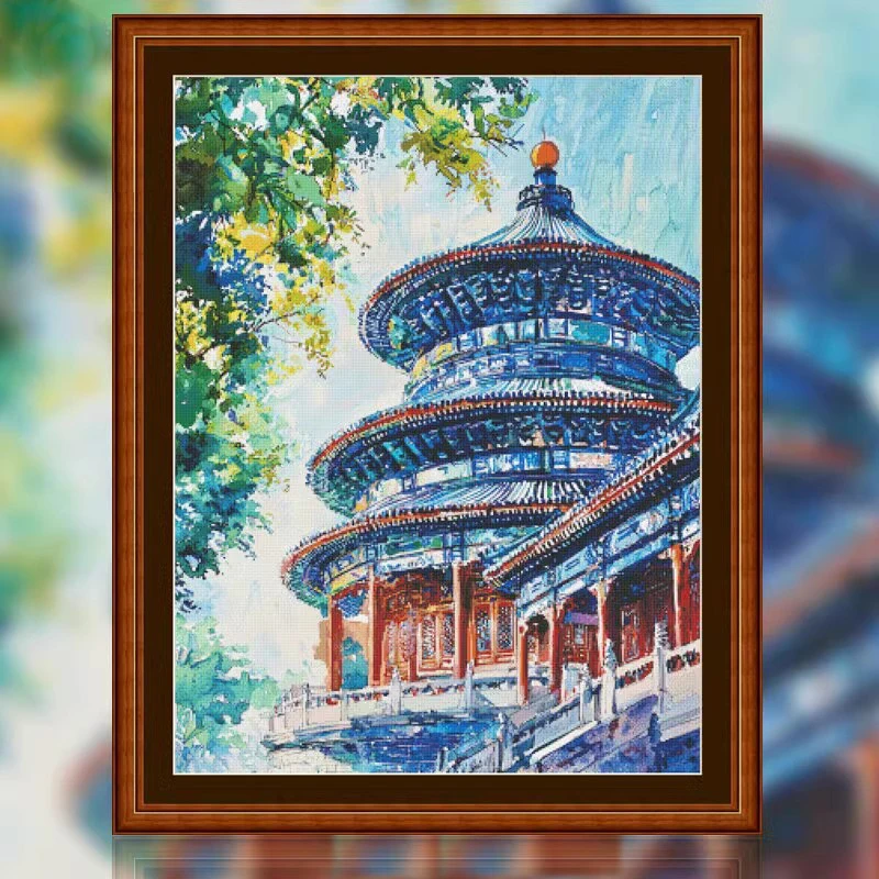 Temple of Heaven 14CT 16CT Printed On Canvas Cross Stitch DIY Set Chinese Pattern Kit Home Needlework Embroidery 208 Colors