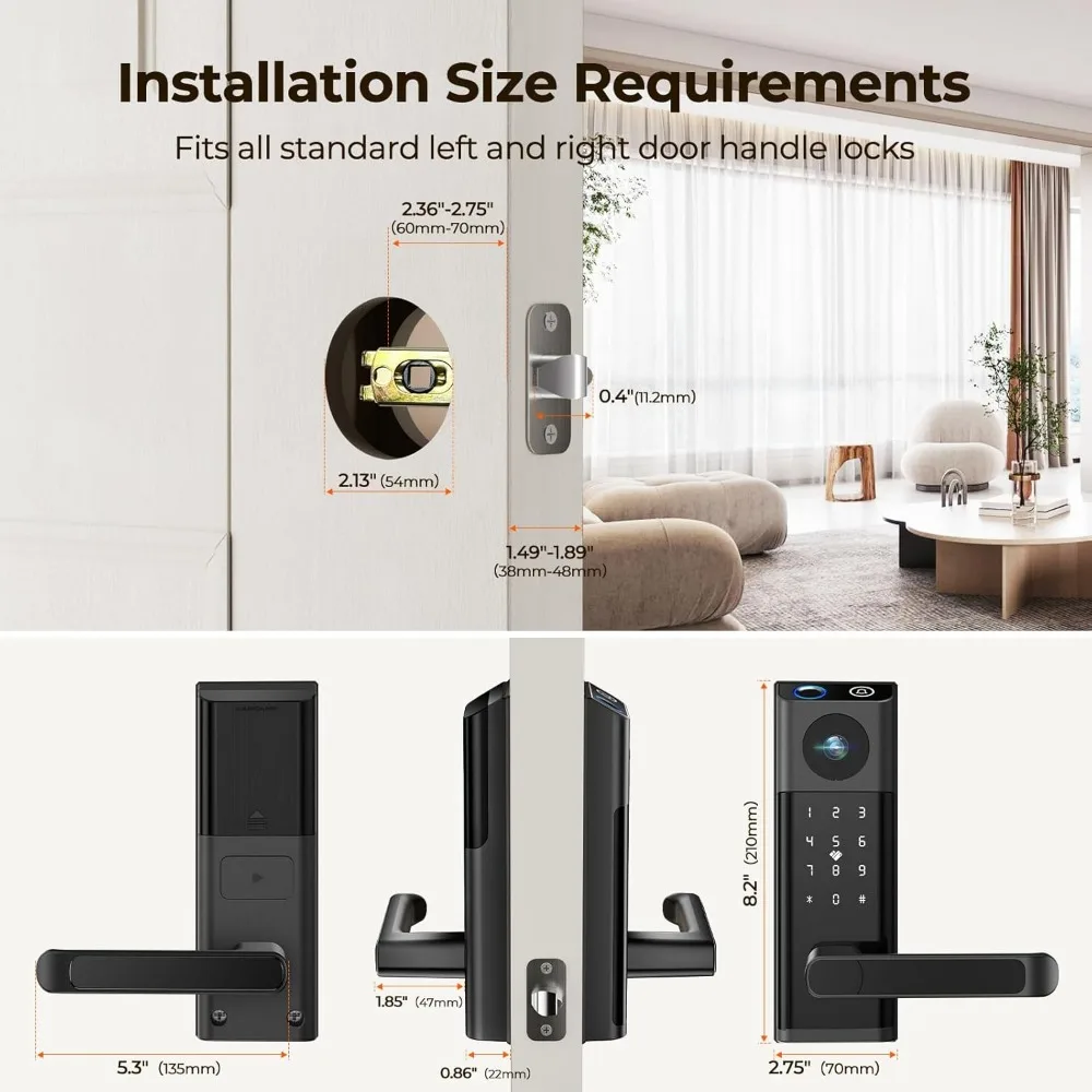 Cerradura inteligente con vídeo con cámara y timbre, cerradura de puerta de entrada sin llave 5 en 1 con manija, huella digital + código de teclado + Control de aplicación remota +