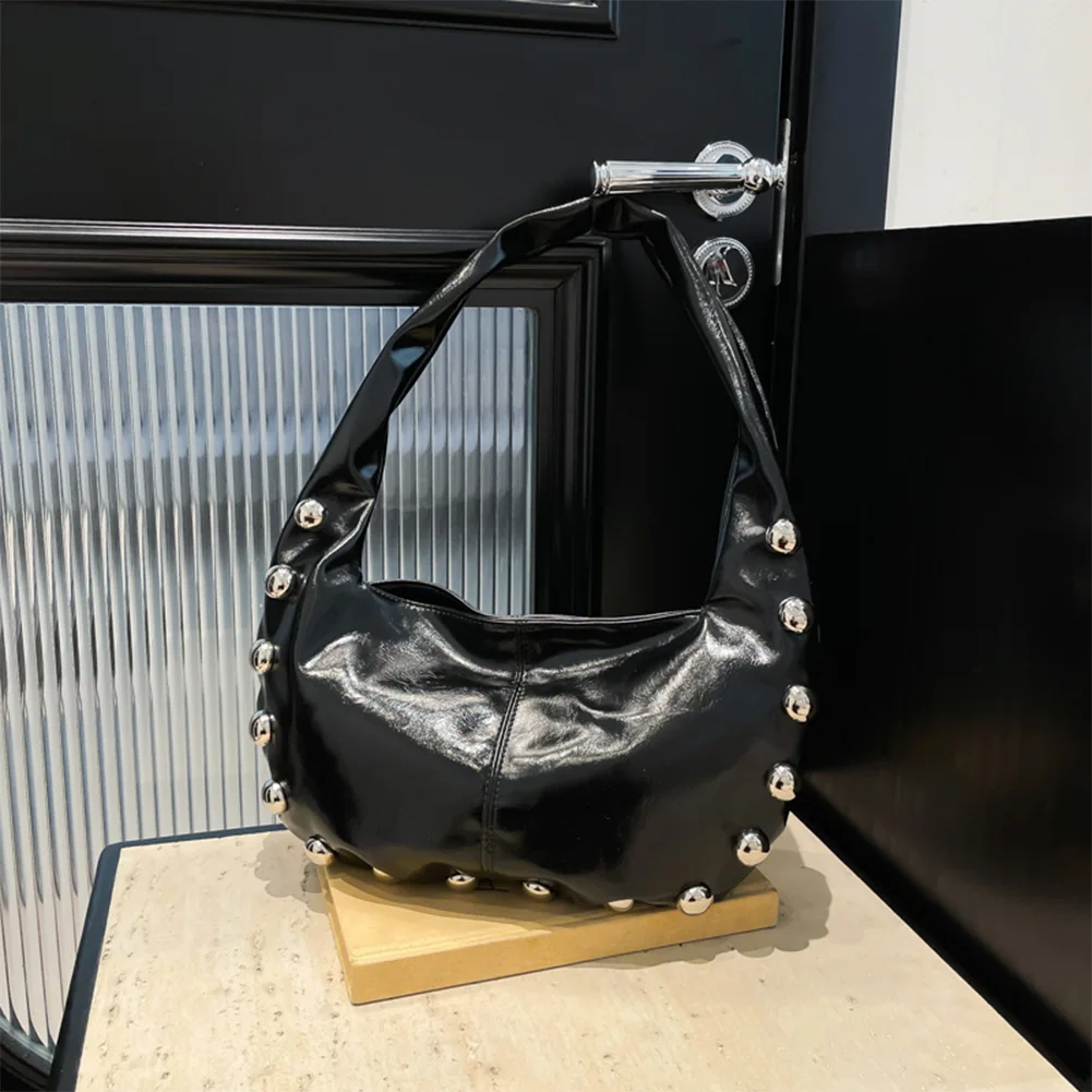 

Women PU Studded Shoulder Bag Large Capacity Punk Underarm Bag Solid Color Fashion Carrying Bag Small Tote Bag Slouchy Handbag